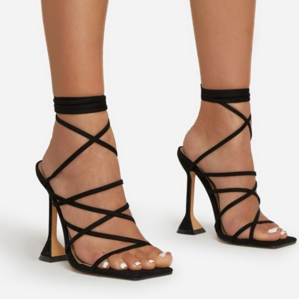 INFLUENCE STRAPPY LACE UP SQUARE TOE SCULPTURED HEEL IN BLACK FAUX SUEDE